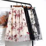 Woman Elegant Vintage Butterfly Embroidered A-Line Mesh Midi Skirt Elastic High Waist Summer Skirts