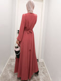 Belt Bow Chiffon Muslim Dress Abaya Dress Plus Size Arab Casual Dress Prom Gowns Robe De Soriee Full-Sleeve O-neck Dress