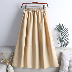 High Waist A Line Autumn Winter Faux Leather Elastic Waist Solid Vintage PU Leather Midi Skirt