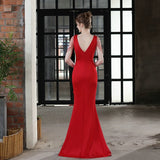 Soft Satin V Neck Beading Evening Dress Candy Color Women Sexy Slit Party Maxi Dress