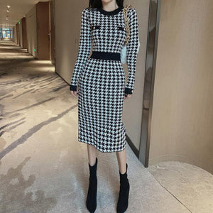 Autumn Winter Knitted Dresses Women Houndstooth Buttons Office Lady Elegant Midi Dress Back Slit Sexy Bodycon Dress