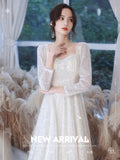 A-line Prom Long-sleeve Women Party Dresses Sequins Elegant Formal Robe Square Neck Evening Dress