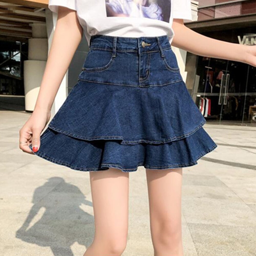 Harajuku Punk Denim Mini Pleated Summer High Waist Jeans Shorts Skirts Women Korean Ruffles Bottoms