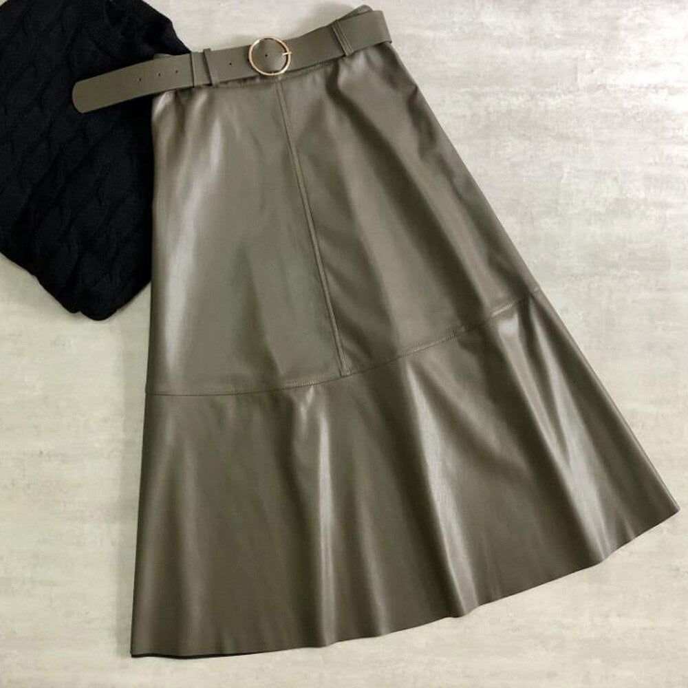 Women Office Midi Elegant High Waist A-Line Skirt Korean Style Green Office OL Skirt