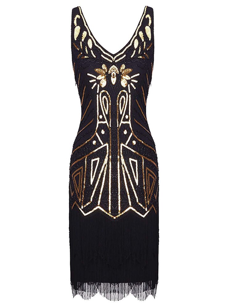 1920s Retro Sequin Tassel Dress Pin Bead Tassel Party Dinner Dress With Accessories