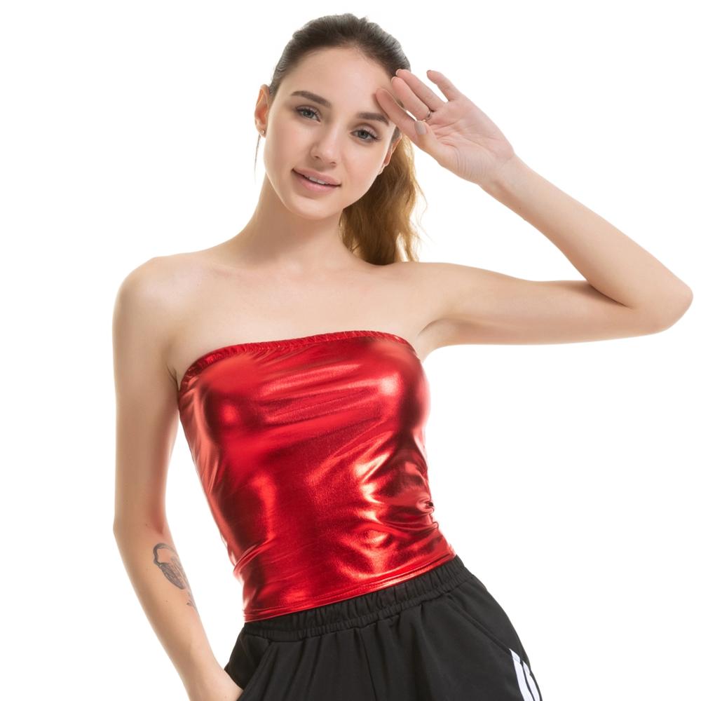 Stretchy Strapless Metallic Boob Tube Bandeau Off Shoulder Shiny Crop Club Dance Tops