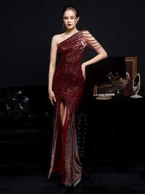 Women Beads Party Dress Elegant One Shoulder Slit Sequin Prom Dress