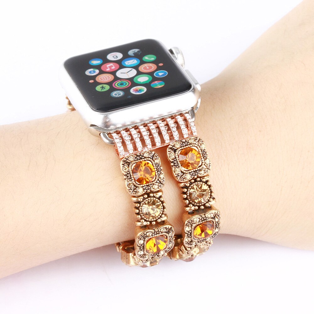 Elastic Beaded Watch Band for Apple iWatch Straps Series 5/4/3/2/1 Handmade Bracelet 38mm 42mm 40mm 44mm Band Woman Crystal Pink