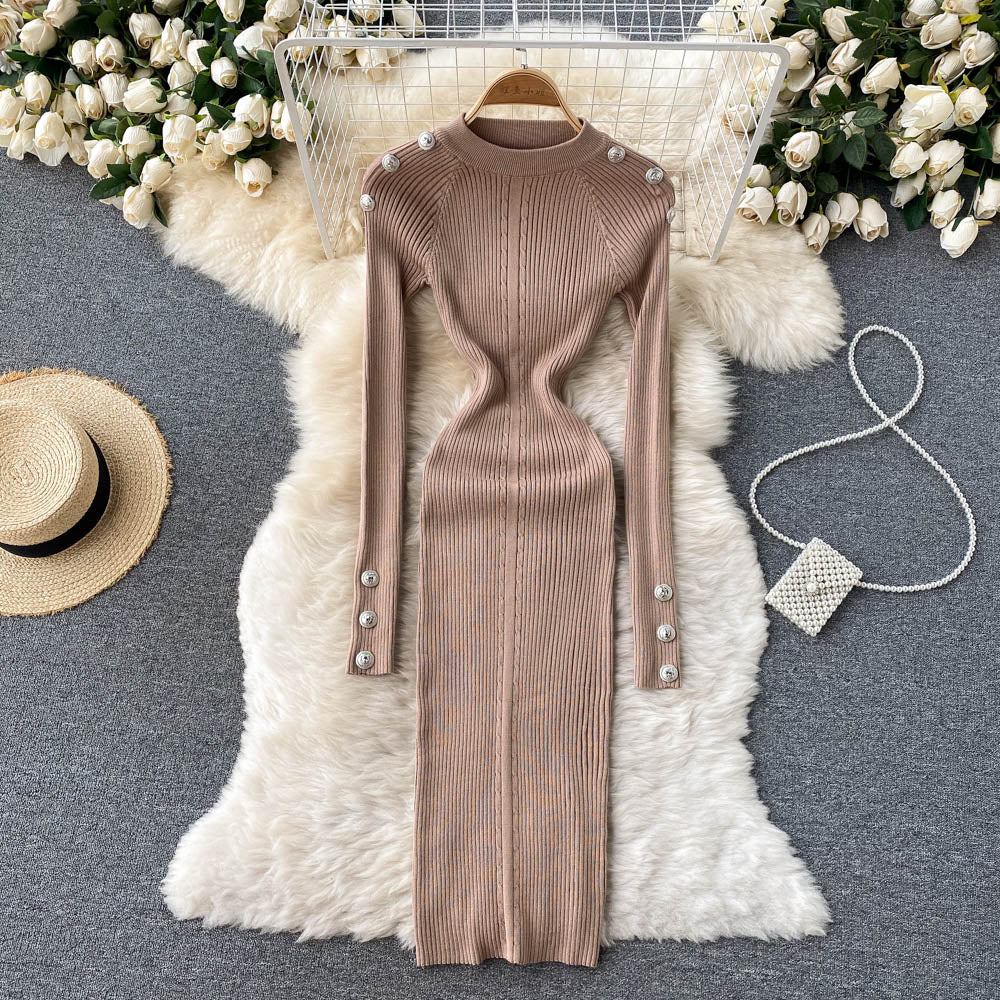 Autumn Winter Midi Dresses For Women Crew Neck Long Sleeve Elegant Ribbed Knitted Dress Button Sexy Bodycon Dress