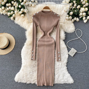Autumn Winter Midi Dresses For Women Crew Neck Long Sleeve Elegant Ribbed Knitted Dress Button Sexy Bodycon Dress