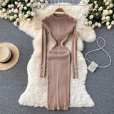 Autumn Winter Midi Dresses For Women Crew Neck Long Sleeve Elegant Ribbed Knitted Dress Button Sexy Bodycon Dress