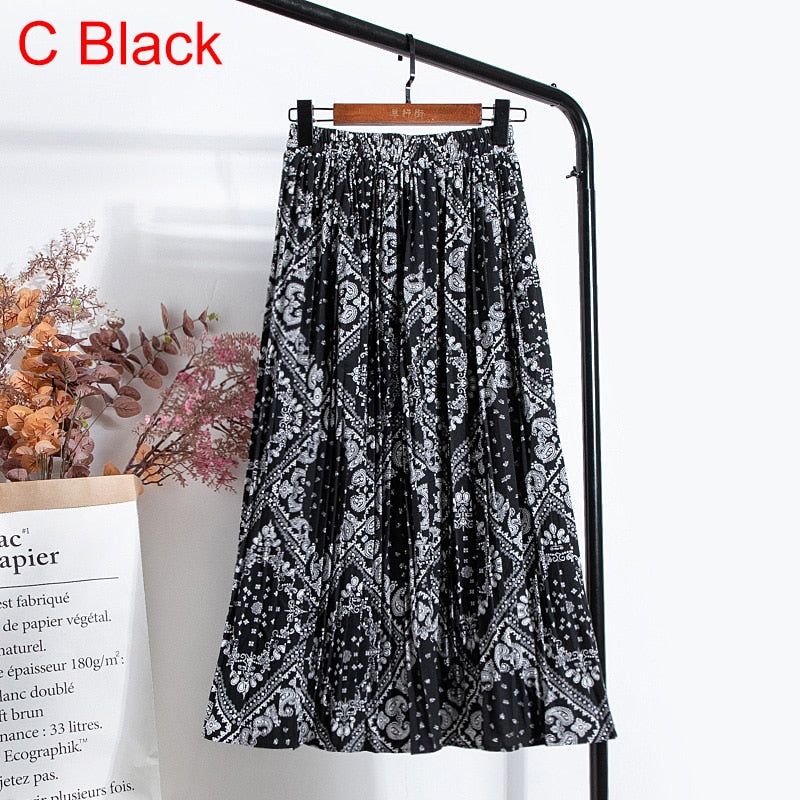 Women Chiffon Pleated Skirt Elastic High Waist Summer Print Casual Midi Long Skirt