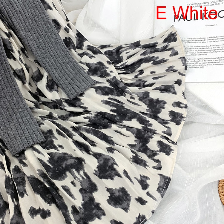 Elegant Vintage Leopard Print Pleated Elastic High Waist Long Chiffon Midi Skirt