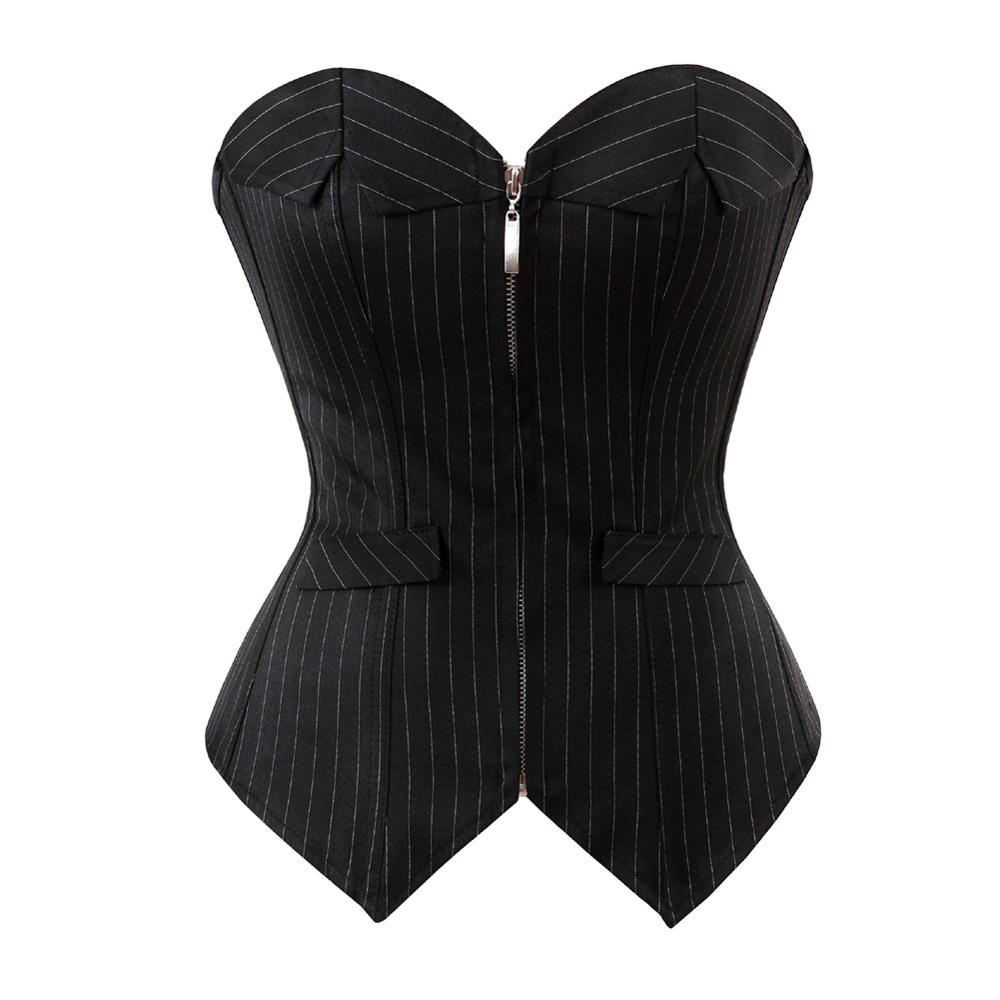 Women Sexy Striped Zipper Office Professional Overbust Corset Lace Up Boned Corsets Bustiers Lingerie Top Black Plus Size