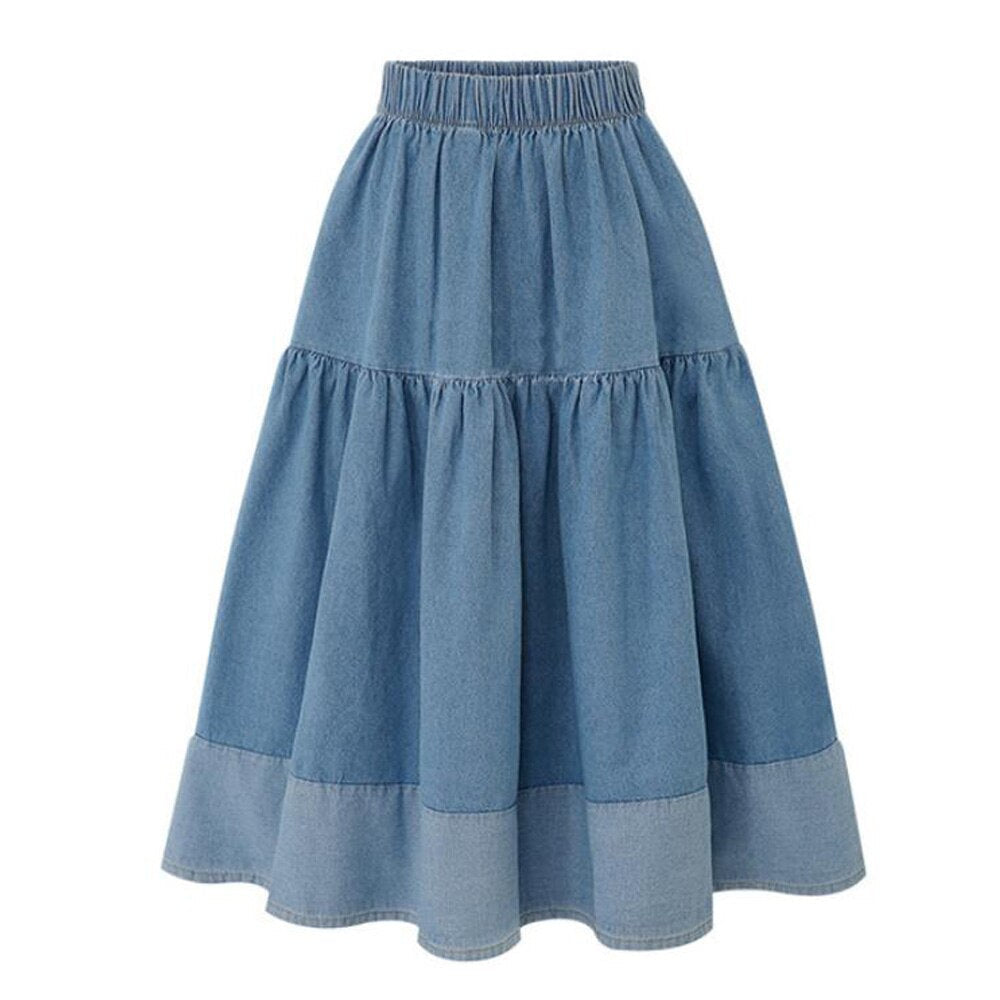 High Waist Pleated A-Line Skirt Female Korean Flared Jean Long Skirt