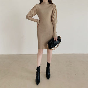 Autumn Winter Sweater Dresses For Women Mock Neck Puff Sleeve Casual Mini Dress Ribbed Soft Knitted Bodycon Dress