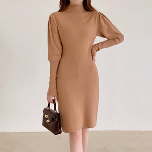 Autumn Winter Fashion Sexy Half High Neck Women's Mini Knit Dress Casual Bodycon Solid Long Sleeve Ladies Dress