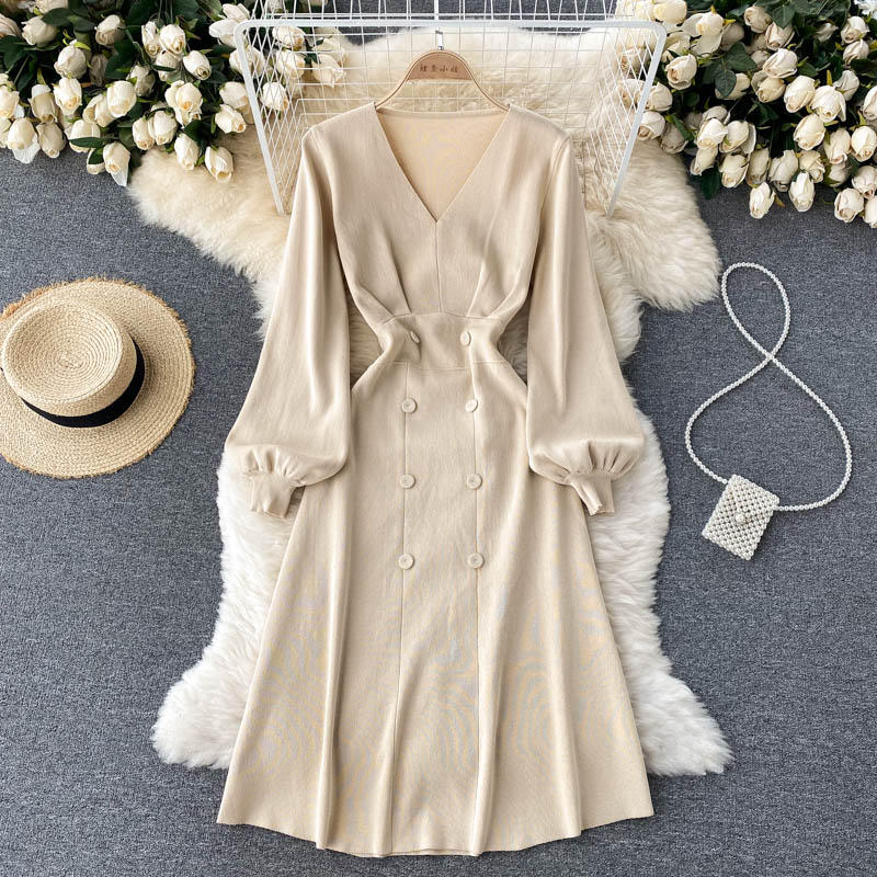 Autumn Winter Dress Women Clothing Long Sleeve V Neck Button Knee Length Midi Dress Elegant Office Knitted Dress