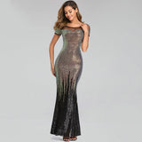 Backless Long Sequin Cocktail Dress Elegant Gold Evening Party Dress Sexy Mermaid Short Sleeve Prom Dress Beauty Robe De Soiree