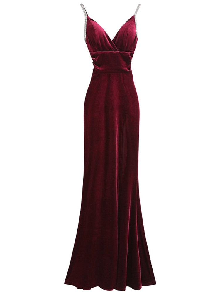 Diamond-encrusted Evening Gown Night Long Dress New Velvet Temperament Nightclub Sexy High Split Evening Dress V-neck Robe