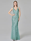 Silver Gray Elegant Fashion Evening Dresses Sexy Simple V Collar Open Back Sleeveless Embroidered Beads Fishtail Dress Gown