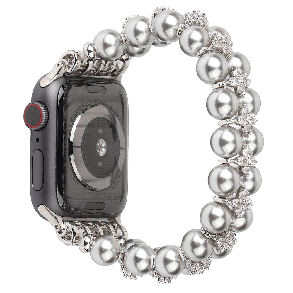 Elegant Watchband Compatible for Apple Watch Band 38mm 40mm 42mm 44mm Pearls Beaded Stretch Bracelet Watch Strap Bands for Women