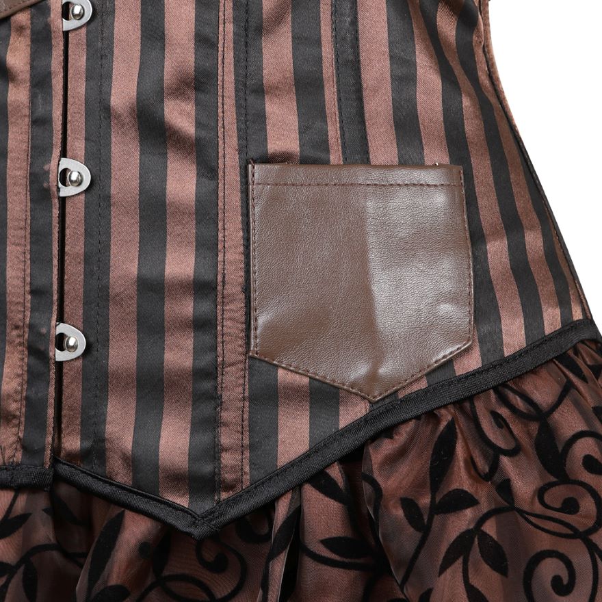 Women Steampunk Corset Dress Gothic Sexy Striped Underbust Corset Vest Bustier Top With Asymmetrical Floral Lace Skirt Set Brown