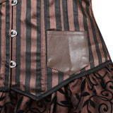 Women Steampunk Corset Dress Gothic Sexy Striped Underbust Corset Vest Bustier Top With Asymmetrical Floral Lace Skirt Set Brown