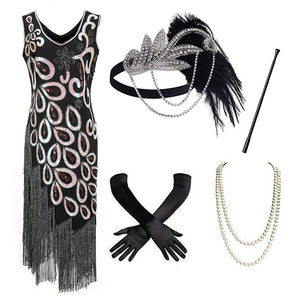 Peacock Pattern Tassel Party Dress Bead Banquet Toasting Evening Dress 1920s Vintage Sequin Prom Gown With Accessories