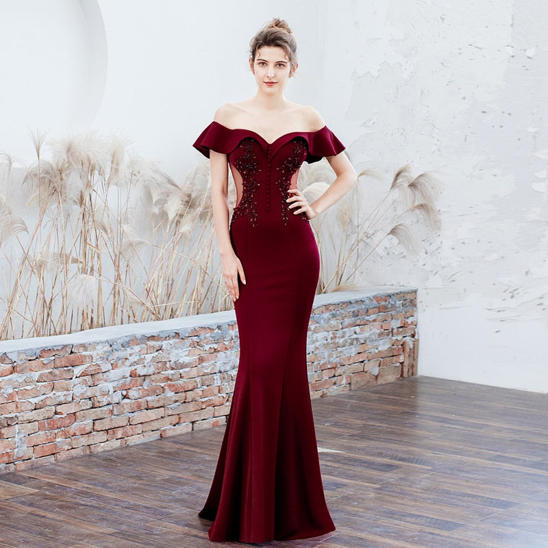 Off Shoulder Elegant Evening Party Dress See-through Appliques Beaded Long Evening Dress