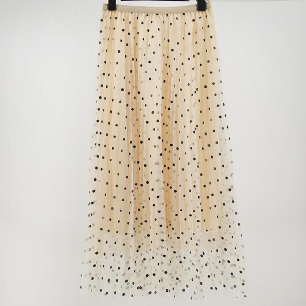 Long Women Korean Polka Dot High Waist Mesh Pleated Skirt
