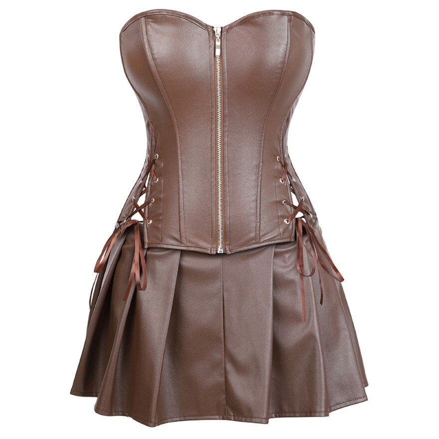 Women Gothic Faux Leather Corset Dress Sexy Overbust Corset