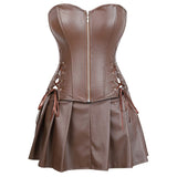 Women Gothic Faux Leather Corset Dress Sexy Overbust Corset Bustier Lingerie Top With Mini Skirt Set Party Burlesque Costume