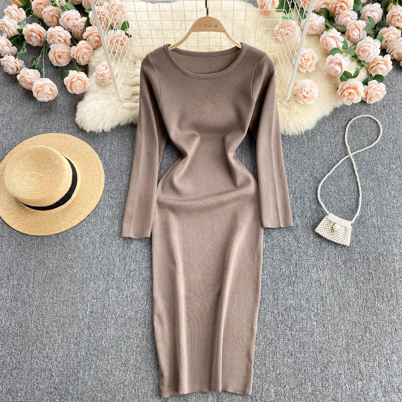 Autumn Winter Sweater Dress Elegant Knitted Bodycon Dress Women Round Neck Long Sleeve Casual Knee Length Midi Dress