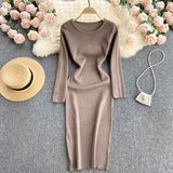 Autumn Winter Sweater Dress Elegant Knitted Bodycon Dress Women Round Neck Long Sleeve Casual Knee Length Midi Dress