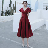Big A-line Evening Dress Burgundy Double V-neck Prom Gown Short Cap-sleeve Party Robe Long Stain Formal Women Custom-made Dress