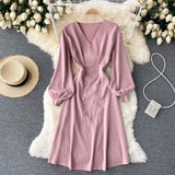 Autumn Winter Dress Women Clothing Long Sleeve V Neck Button Knee Length Midi Dress Elegant Office Knitted Dress
