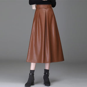 Women Faux Leather Elegant Ladies Office Long Solid Color High Waist A-Line Pleated Maxi Skirts