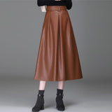 Women Faux Leather Elegant Ladies Office Long Solid Color High Waist A-Line Pleated Maxi Skirts