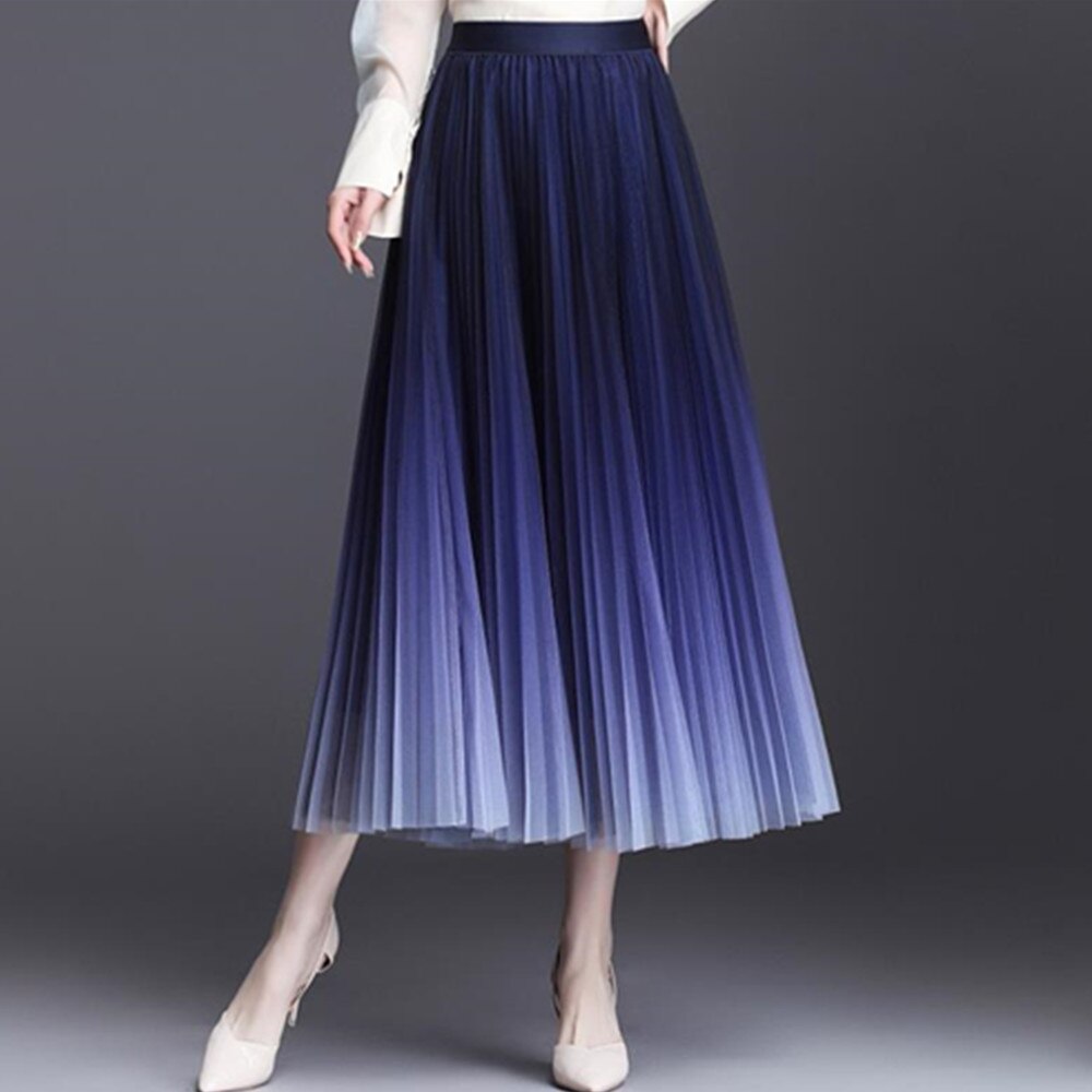 Summer Gradient Pattern A-line Pleated Long Women Tulle Skirt Streetwear Elegant Elastic Waist Midi Skirt