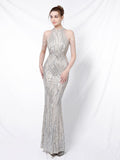 Elegant Halt Neck Diamond Sequin Embroider Formal Dress Mermaid Evening Dress Sleeveless Women Robe De Soriee Gold Vestidos