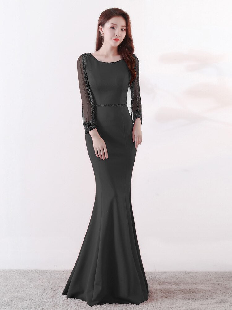Black Formal Muslim Evening Dress Long Sleeve Zipper Back O-neck Empire Party Gowns Elegant Floor-length Beading Prom Dress
