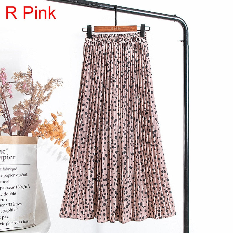 Women Chiffon Pleated Skirt Elastic High Waist Summer Print Casual Midi Long Skirt