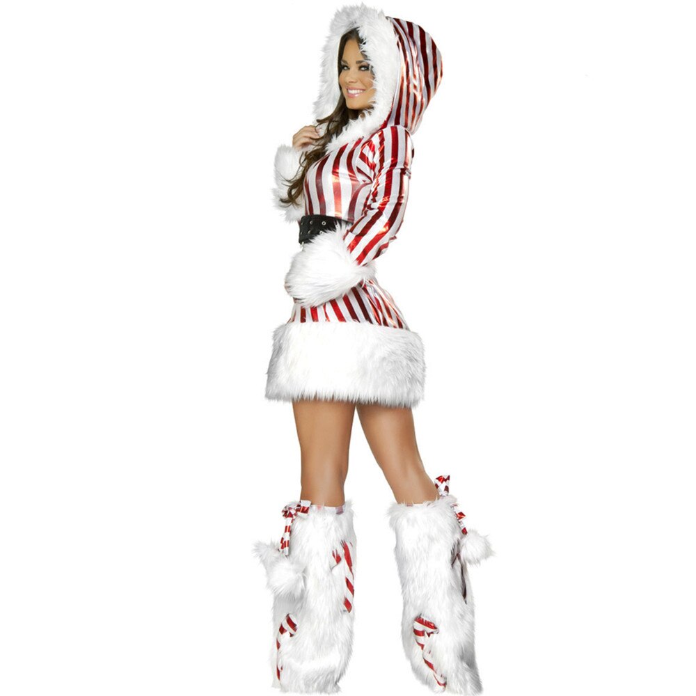 Lady Hooded Striped Deluxe Santa Clause Costumes Sexy Performance Winter Christmas Dresses For Women