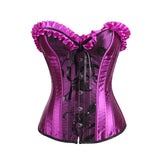 Women Sexy Satin Floral Lace Up Overbust Corset Showgirl Waist Cincher Body Shaper Corset Bustier Lingerie Top Purple Plus Size