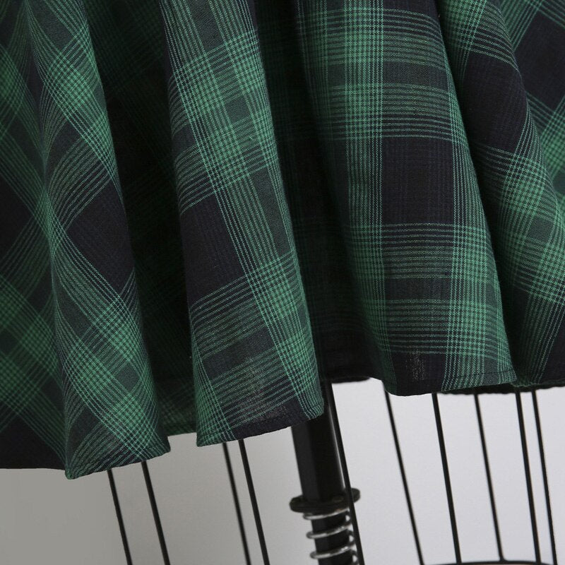 Green Plaid Elegant 1950s Style Vintage Robe V Neck High Waist Dress 3/4 Length Sleeve Women Retro Clothes Midi Dresses