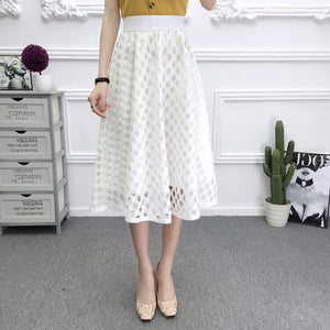 Woman Elegant Midi Skirt Office Lady Zipper A Line Hollow Out Lace Elastic High Waist Skirts