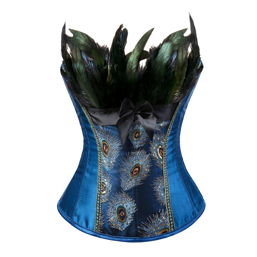 Women Sexy Peacock Feathers Embroidery Overbust Corset Bustier Lingerie Top With Mesh Mini Skirt Set Burlesque Corset Dress