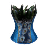 Women Sexy Peacock Feathers Embroidery Overbust Corset Bustier Lingerie Top With Mesh Mini Skirt Set Burlesque Corset Dress