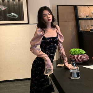 Autumn Vintage Floral Dress Women Casual Korea Fashion Backless Elegant Dress Lady Long Sleeve Evening Party Dress Bandage